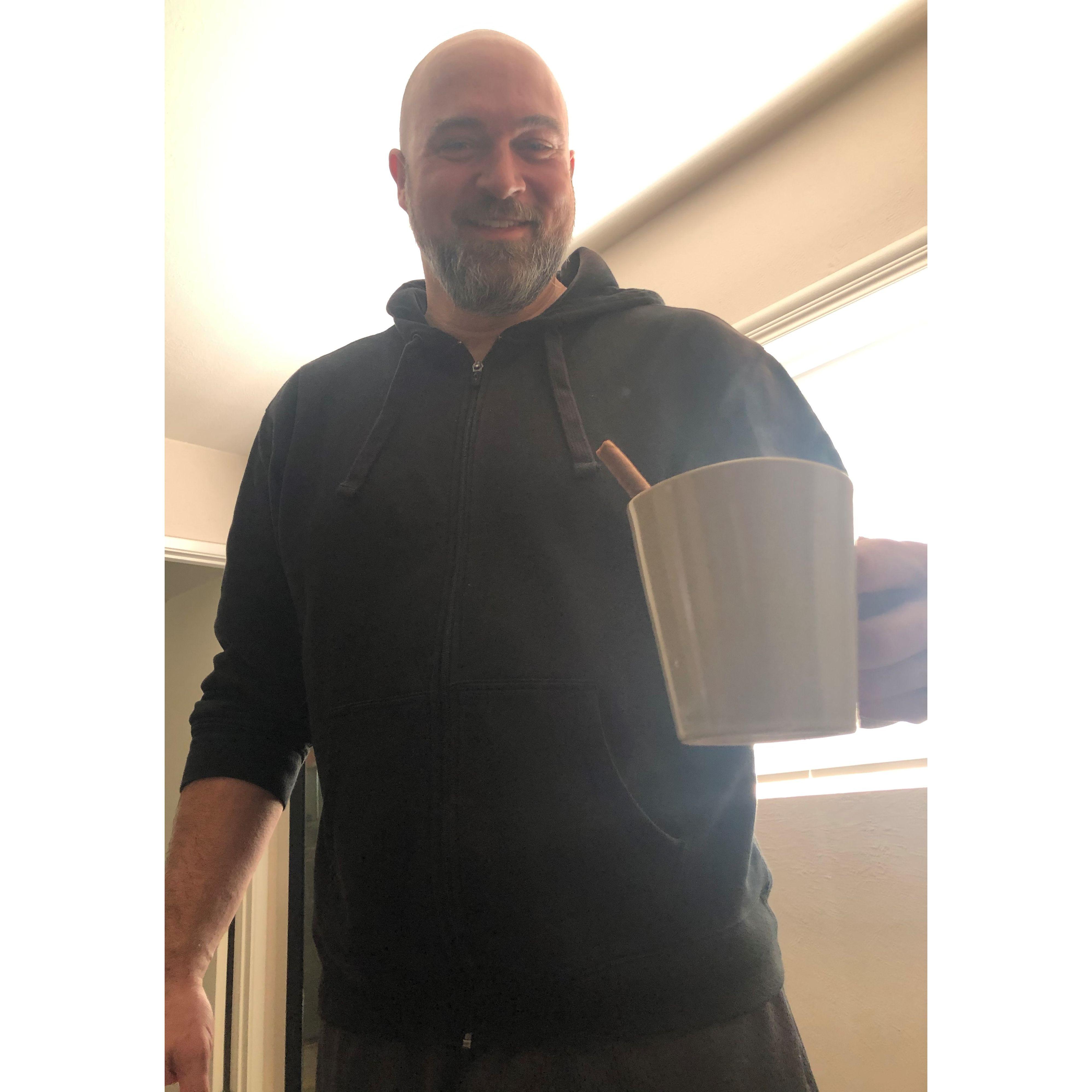 First Xmas Morning together he brought me coffee in bed... and stole the biscotti.