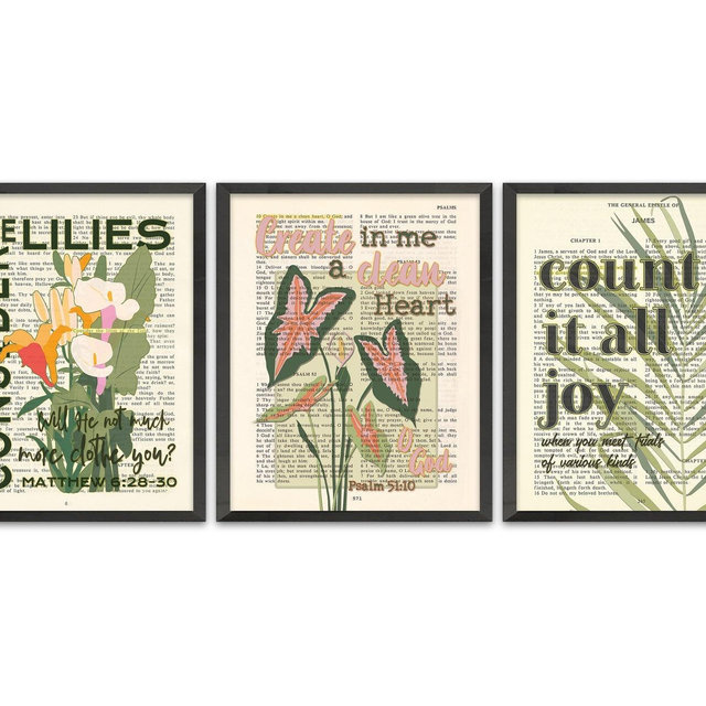 Plant Set of 3, James 1:2, Matthew 6 28, Psalm 51 10, UNFRAMED, Vintage Bible Verse Page, Floral Christian Home Wall Decor, All Sizes