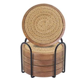 Woven Coasters Set of 5, Wooden Coasters with Holder for Coffee Table, Housewarming Gift for Farmhouse Home Decor, 4 inches
