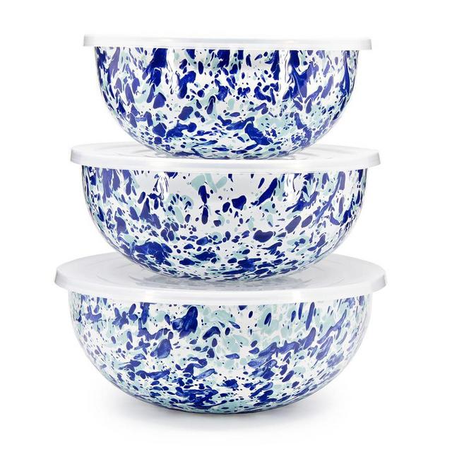 Golden Rabbit Enamel Lidded Mixing Bowls, Set of 3 - Blue/Seaglass Speckle