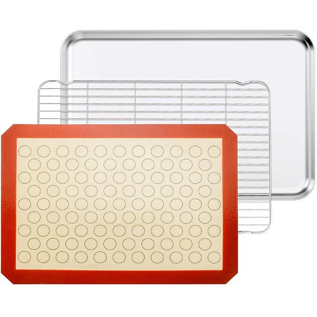 Bastwe Baking Sheet with Cooling Rack and Silicone Baking Mat, 20 Inch Stainless Steel Bakeware, Healthy & Nontoxic & Rustproof & Easy Clean & Dishwasher Safe