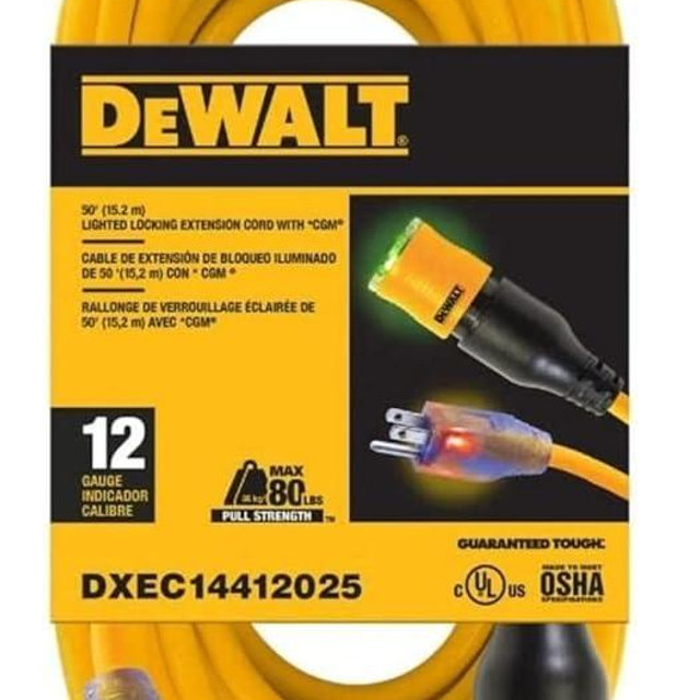 DEWALT DXEC14412025 25ft. 12/3 SJTW Click-to-Lock Lighted Extension Cord, Yellow