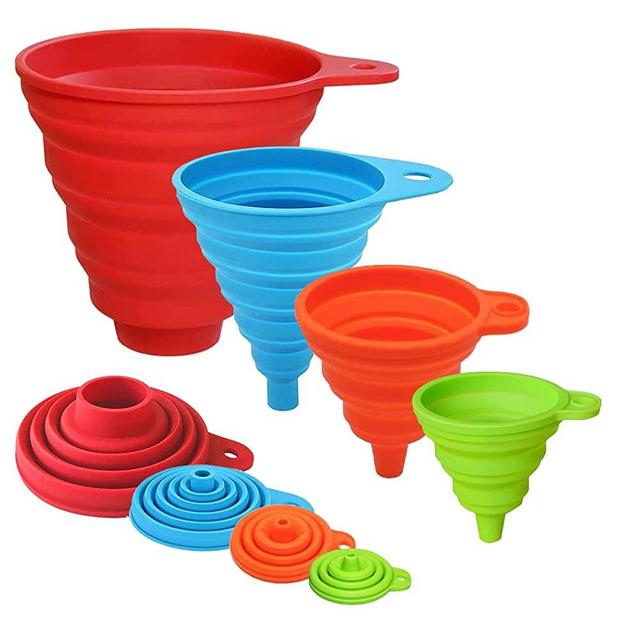 4Pcs Kitchen Funnels for Filling Bottles Canning, Food Grade Silicone Collapsible Funnel Set, Large Funnel for Wide Mouth Jar, Small/Mini Funnel for Transfer Oil Powder