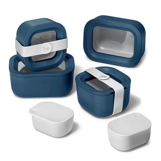 Caraway Mini Food Storage 11pc Set - Glass Storage Containers for Food - Non-Toxic Ceramic-Coated Glass - Air Release Technology - Compact & Stackable Design - Navy