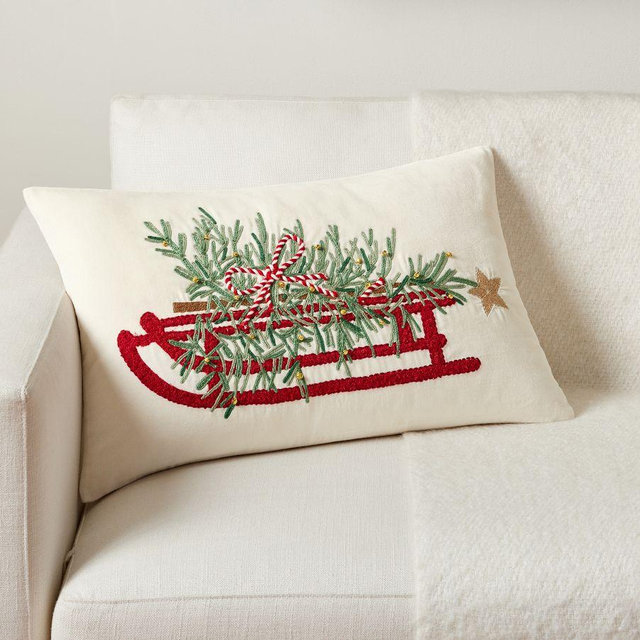 Christmas Tree Sled Embroidered Lumbar: 16x26 Inches: Ivory Multi