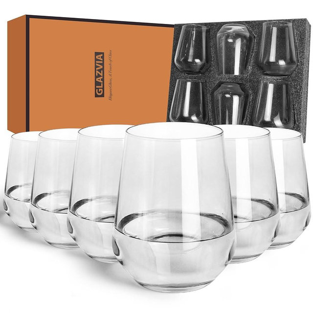 GLAZVIA Crystal Stemless Wine Glasses Set of 6-15oz Wine Glass Cups, Crystal Drinking Glassware, Unique Hand Blown Drinkware Holiday Gift Set
