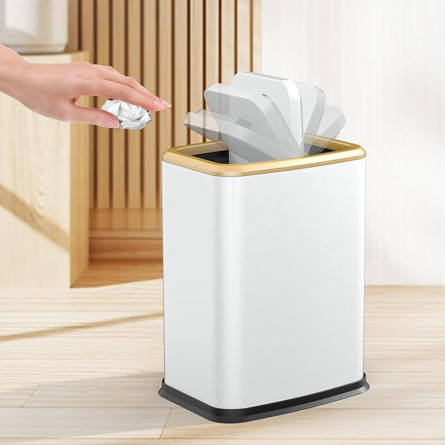 organizelink 2.1 Gal Slim Bathroom Trash Can with Swing Lid, Rustproof Stainless Steel Small Garbage Can for Narrow Spaces & Toilet Side, Dog Proof Odor Control Waste Basket for Bedroom/Office, White