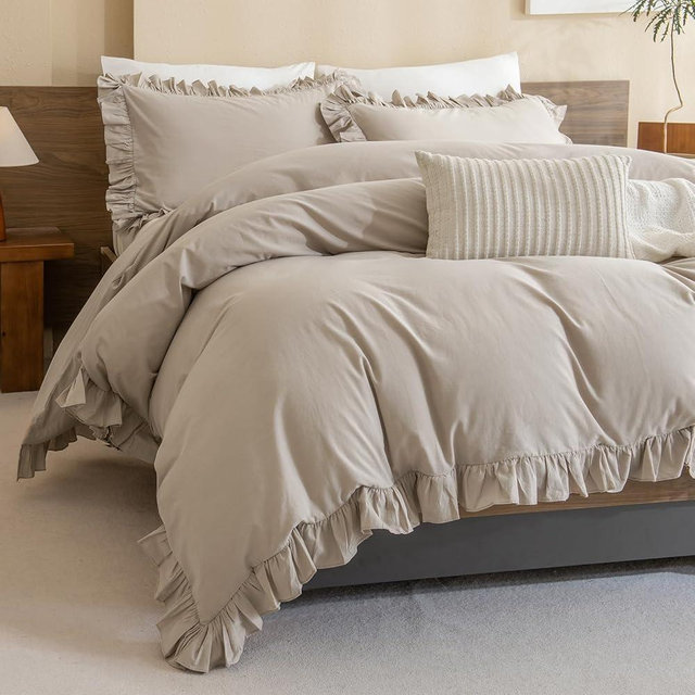 Sanracie Cotton King Ruffled Comforter Sets, 3 Pieces Linen Feel Ruffle Lightweight Breathable Bedding Comforter Set Soft Simple Solid French Country Aesthetic Comforter Set