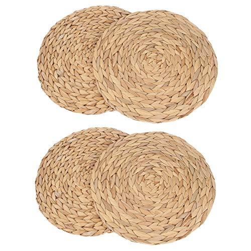 kilofly Natural Water Hyacinth Weave Placemat Round Braided Rattan Tablemats 13.5 inch x 4pc
