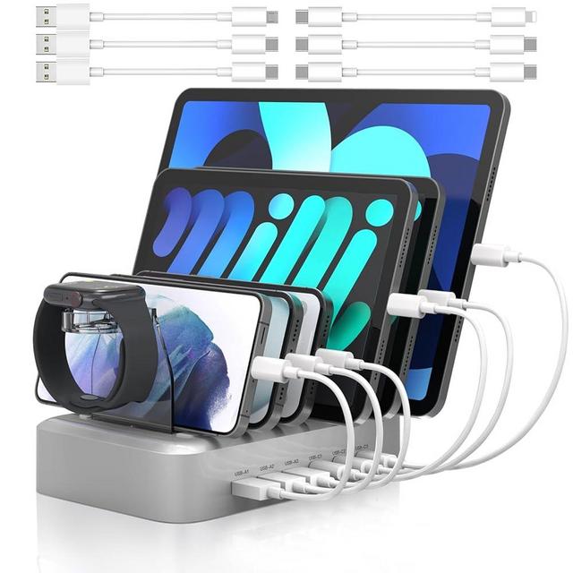 MSTJRY 90W 6-Port USB C Fast Charging Station for Multiple Devices, Multi PD Charger Station for iPhone iPad Tablet Phone, Charging Dock Organizer with Adjustable Dividers for Home Office Classroom