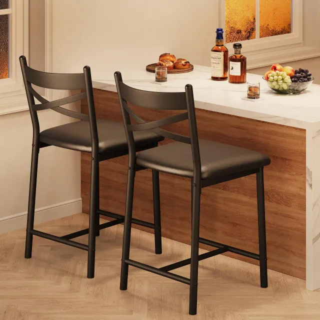 TROPOW Bar Stools Set of 2, Upholstered Bar Chairs with Back, Thick Cushion, Counter Height Barstools for Kitchen Island Apartment Counter Bar，Black