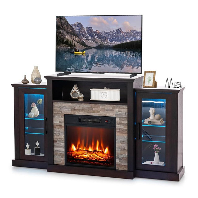 SIMOE Fireplace TV Stand for TVs up to 65'', 19'' Electric Fireplace with Mantel, Entertainment Center with 16 Color LED Lights, APP&Remote Control, Adjustable Glass Shelves for Living Room