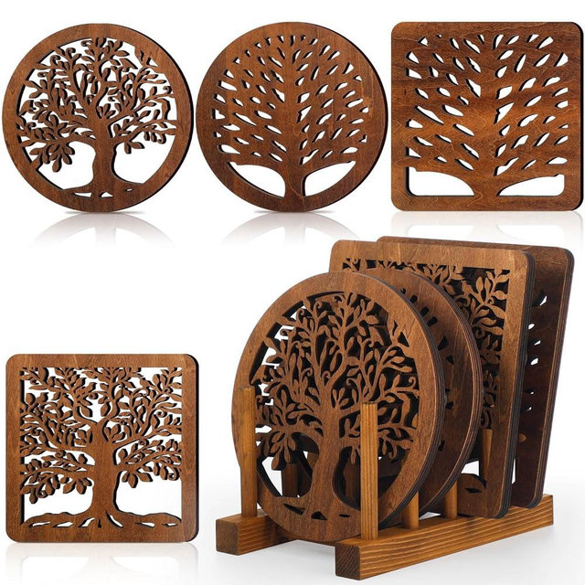 Beeveer 5 Pcs Wooden Trivets Hot Pads Trivets for Hot Dishes Pots and Pans Heat Resistant Trivet Mat Set Tea Pot Holders Tree Design with Storage Rack for Kitchen Dining Table(Dark Wood Color)