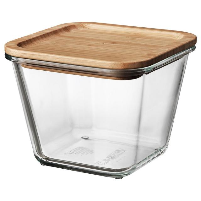 IKEA 365+ Food container with lid, square glass/bamboo, 41 ozShow measurements specifications
