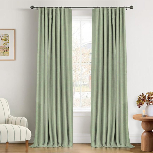 INOVADAY 100% Blackout Curtains for Bedroom, Black Out Curtains 84 Inch Long, Clip Rings Linen Blackout Drapes, Thermal Insulated Room Darkening for Living Room, 2 Panels - Sage,W50xL84