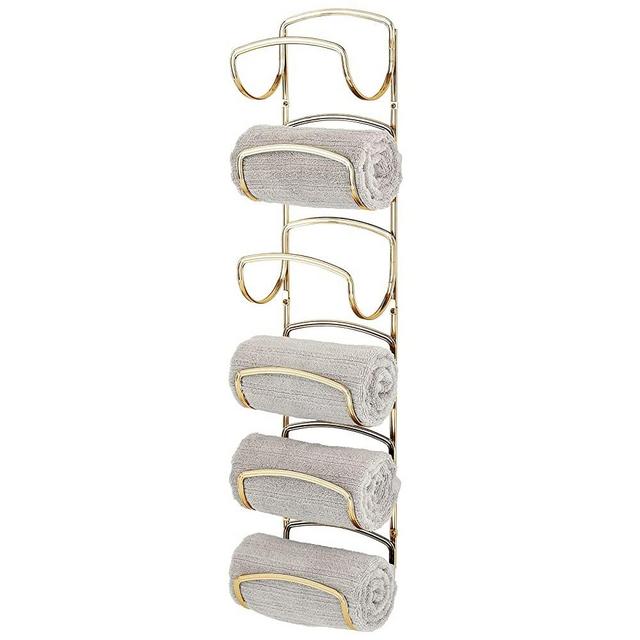 mDesign Modern Decorative Six Level Bathroom Small Towel Rack Holder & Organizer, Wall Mount - for Storage of Washcloths, Hand Towels - Soft Brass