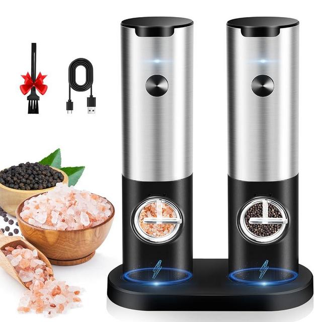 Electric Salt and Pepper Grinder Set: Leap Fit Rechargeable Pepper Mills with Adjustable Coarseness - Automatic Battery Operated Spices Shaker with LED Light in Stainless Steel