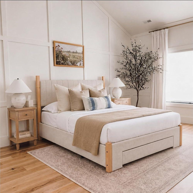 Yechen Queen Bed with Storage, 3 Drawers Queen Bed Frame with Headboard, Linen Upholstered Platform Bedframe, Noise-Free Wooden Slats, Easy Assembly, Beige