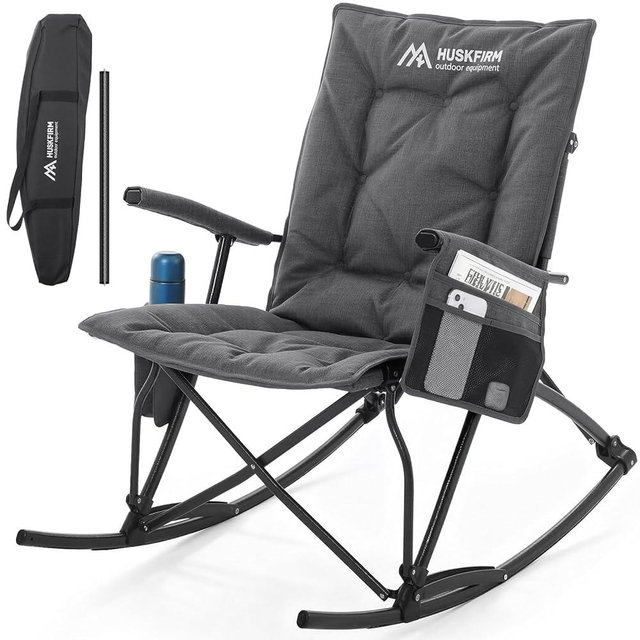 Huskfirm Oversized Rocking Camping Chair Folding Rocking Chair with High Back Padded Outdoor Rocking Chair Heavy Duty Portable Rocker Chair for Camping, Lawn and Patio, Supports Up to 400 lbs, Grey