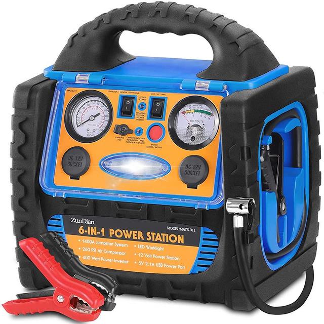 ZunDian Portable Power Station 1400Amp Jump Starter with 260 PSI Air Compressor Tire Inflator, 20000aMh 12V Backup Battery Booster Dual AC/DC Ports 400W Inverter, 2.1A USB Port, Battery Clamps