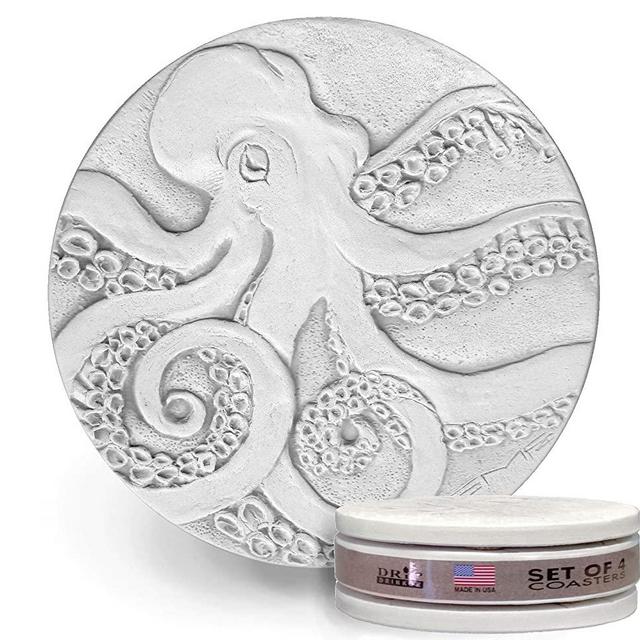 DRiP Absorbent Coasters - Octopus - set Handmade by McCarter Coasters for Beach House - Tabletop Protection - House Warming - Hot or Cold Beverages 4.38" Off-White (4pc)
