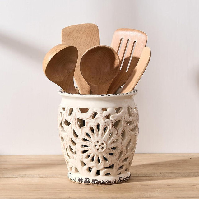 JH JIEMEI HOME Farmhouse Kitchen Utensil Holder for Kitchen Counter, Ceramic Large Cooking Utensil Crock with Cork Mat, Decorative Rustic Utensil Organizer for Countertop, Spatula, Antique Beige