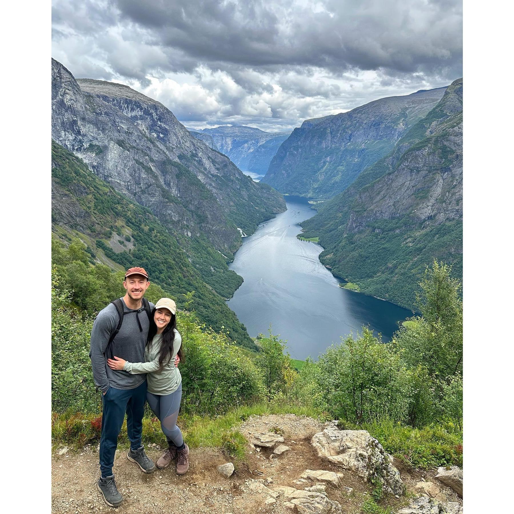 We look happy, but our legs were on fire hiking in the Norwegian fjords