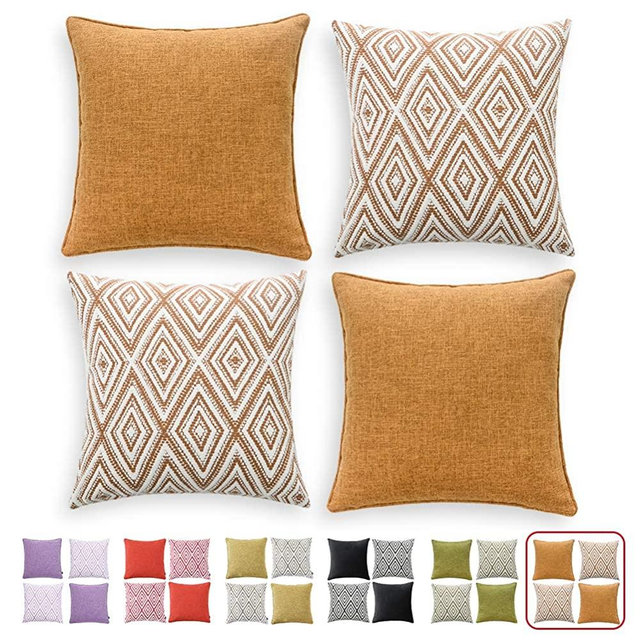 HPUK Decorative Throw Pillow Covers Set of 4 Geometric Design Linen Cushion Cover for Couch Sofa Living Room, 18"x18" inches, Golden Brown