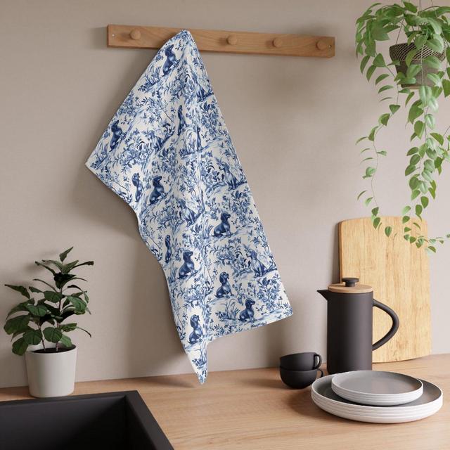 Dachshund Toile Tea Towel, Blue French Toile Kitchen Towel, Sausage Dog Lover Gift for Doxie Mom, Toile de Jouy Farmhouse Decor