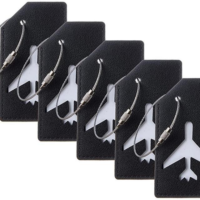 5 Pack Chelmon Vegan Leather Luggage Tags Bag Tag Stainless Steel Loop(Black)