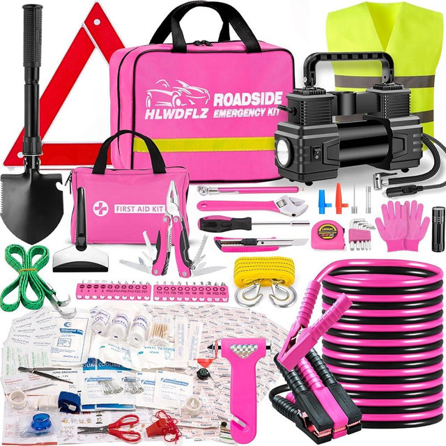 HLWDFLZ Car Emergency Kit with Portable Air Compressor - Roadside Assistance Emergency Kit with Jumper Cables, First Aid Kit, Auto Tool Set, Winter Safety Kit for Women, Men, Teen (Pink)