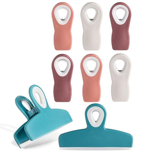 COOK WITH COLOR Set of 8 Bag Clips- 2 Large Heavy Duty Chip Clip and 6 Refrigerator Magnet Clips for Food Storage with Air Tight Seal Grip for Snack Bags and Food Bags (Teal and Mauve)
