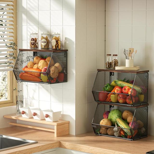 Litwaro Fruit Basket Wire Baskets with Wood Lid, Wall Mounted Produce Basket for Snack, Fruit and Vegetable Storage, Countertop Onion and Potato Storage, 3 Pack Stackable Kitchen Counter Organizer