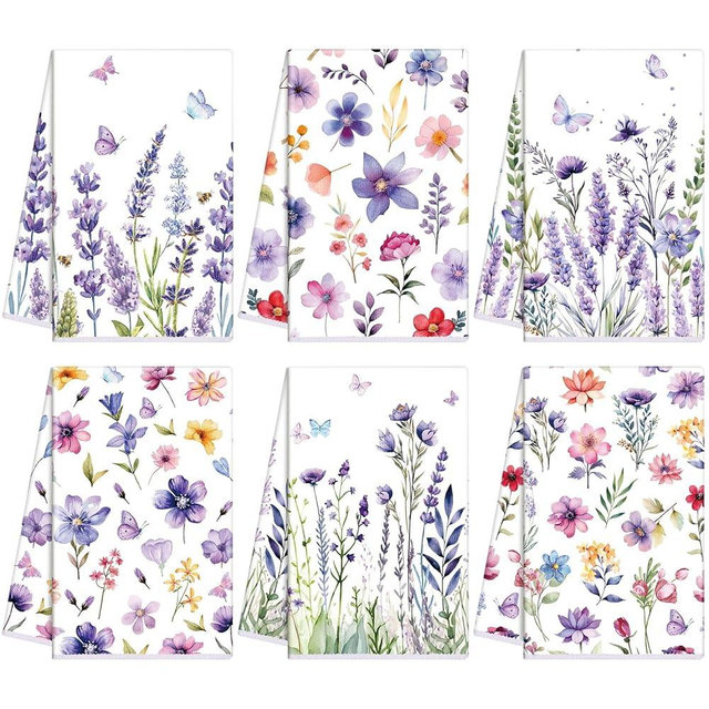 Oudain 6 Pcs Spring Lavender Kitchen Towel Set Decor Purple Floral Hand Dish Towels Decorative 18x24 Inch Wildflower Butterfly Tea Cloths for Housewife Gift Spring Easter Bathroom Kitchen Accessories