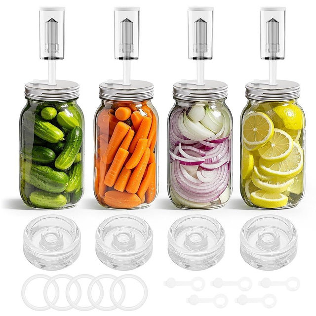 Fermentation Kit for Wide Mouth Mason fermentation Jar,pickling/sauerkraut kit with 4 Glass Fermentation Weights,4 Fermenting Lids,4 airlocks,5 Silicone Rings,5 Silicone Grommet（Jars Not Included）