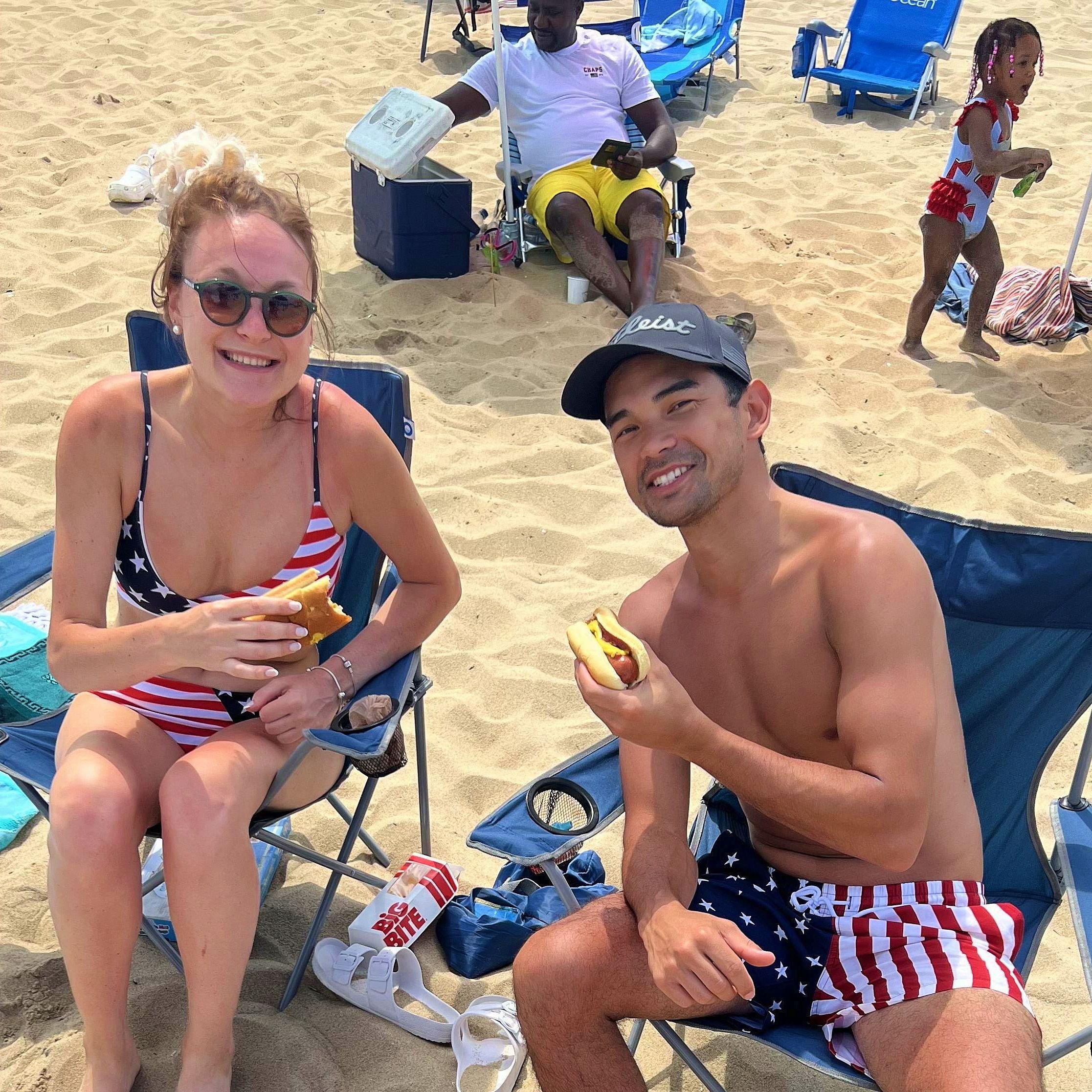 1st Beach Trip for the 4th- hotdogs, matching American flag swimsuits, and lots of sunburn