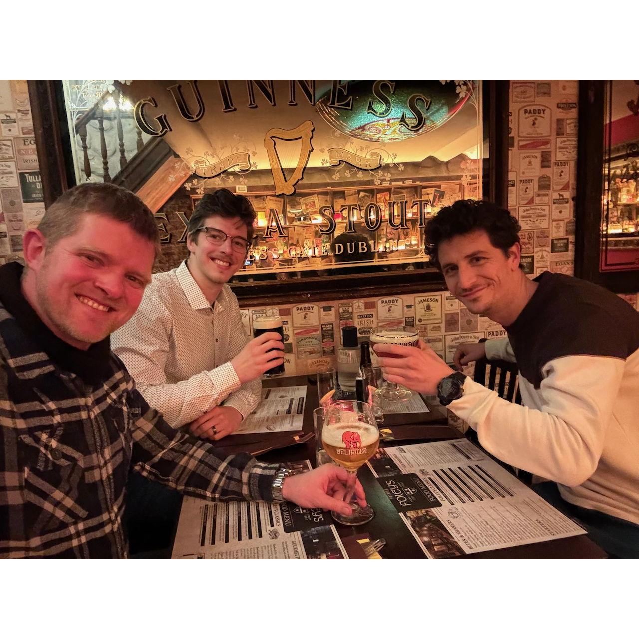 Sander and his groomsmen Quinten and Tobias relaxing after a long day of suit shopping.