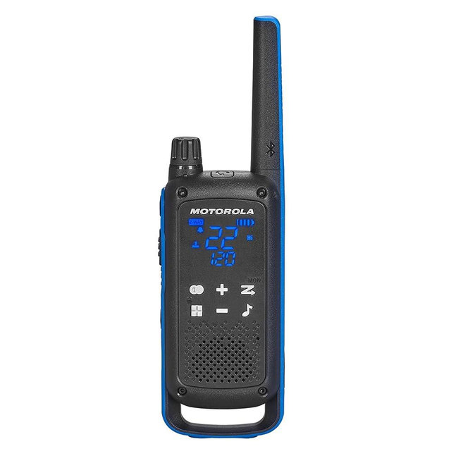 Motorola Solutions, Portable FRS, T802, Talkabout, Two-Way Radios Walkie Talkie Emergency Preparedness, Rechargable, 22 Channel, 35 Mile, Black W/Blue, 2 Pack