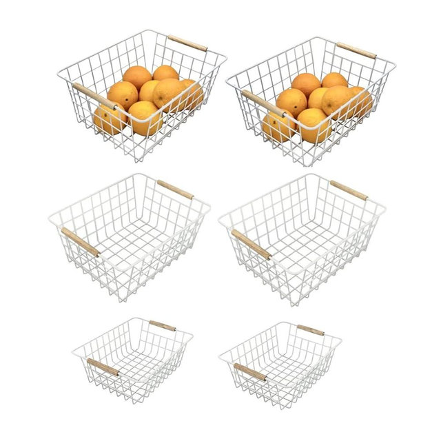 Evelots Wire Storage Baskets with Wood Handles-Pack of 6-Kitchen Cabinet, Pantry Shelf Organization, or Bathroom Metal Basket-Refrigerator/Freezer Organizer Bins-White