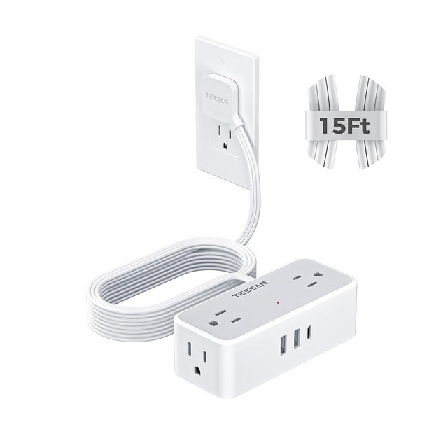 Flat Extension Cord 15 FT, TESSAN Surge Protector Power Strip with 4 AC Outlets 1 USB C and 2 USB A Ports, 900 Joules Protection, Multiple Wall Plug Outlet Extender Suitable for Home Office Dorm