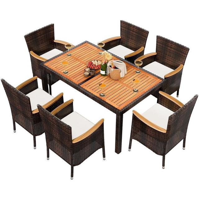 Shintenchi 7 Piece Patio Dining Set, Wicker Patio Conversation Set with Wooden Table Top, Outdoor Table and Chairs with Soft Cushions for Backyard, Deck and Garden, Brown Rattan