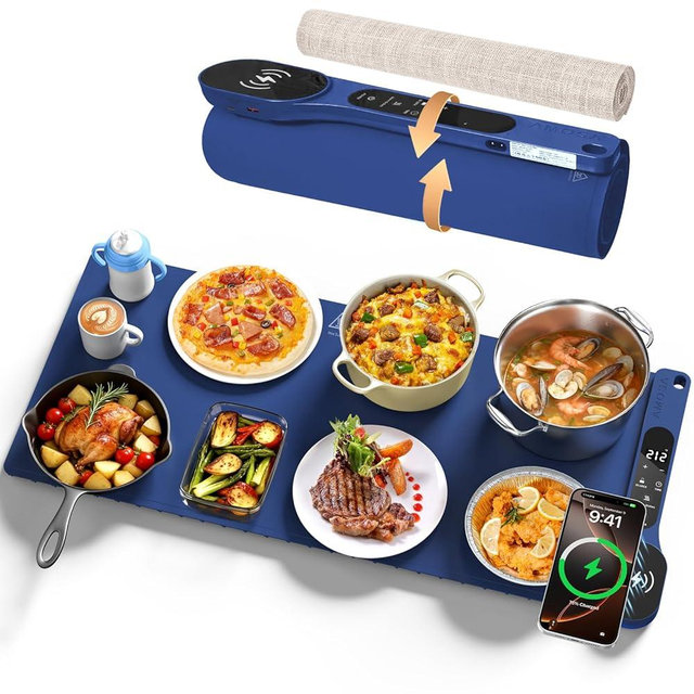 New Food Warming Mat with Wireless Charger, 34”x15” Extra Large Roll Up Food Warmer, Fast Heating Mat for Food with 7 Level Temperature & 8 Hours Timer, Electric Warming Trays for Buffets Party (Blue)
