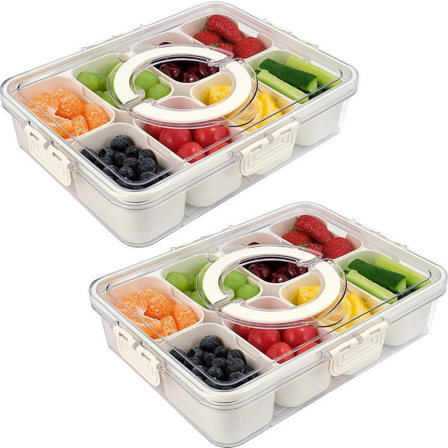 TAROSE Snackle Box Container, 2 Packs 8 Compartments Divided Serving Tray with Lid and Handle, Portable Snack Box Containers for Veggie Tray Charcuterie Boxes Fruit Storage Candy Organizer