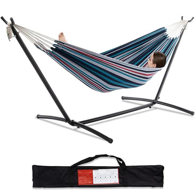 PNAEUT Double Hammock with Space Saving Steel Stand 2 Person Heavy Duty Garden Yard Outdoor 450lb Capacity Hammocks and Portable Carrying Bag ( Denim )