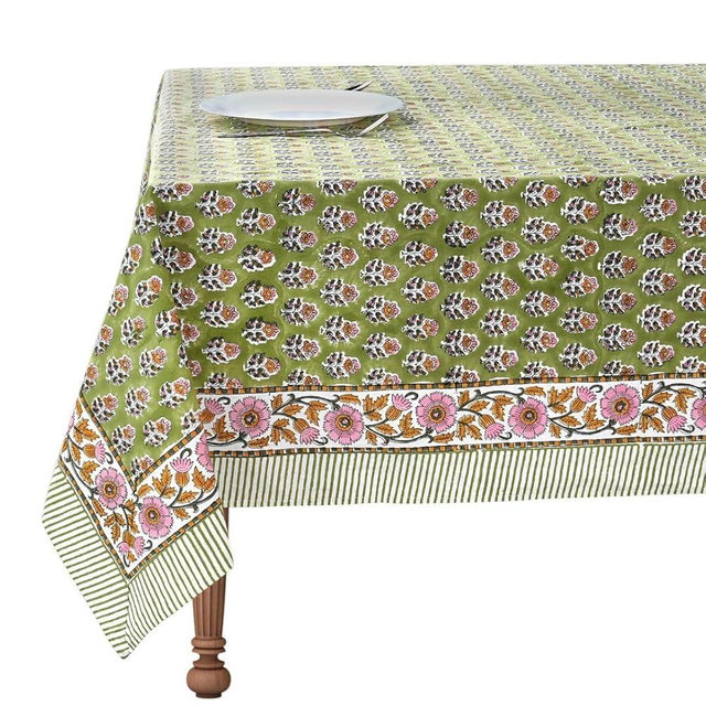 CPC Tablecloth 100% Cotton 70x118 Inch Indian Block Print Easter Rectangle Table Cover, Table Cloth for Weddings, Parties- Jade Green 10-Seater