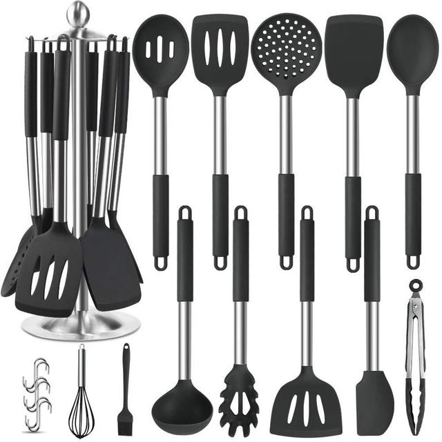 Silicone Kitchen Cooking Utensil Set, EAGMAK 14PCS Stainless Steel Silicone Kitchen Utensils Spatula Set with Stand for Nonstick Cookware, BPA Free Non Toxic Silicone Cooking Utensils (Black)