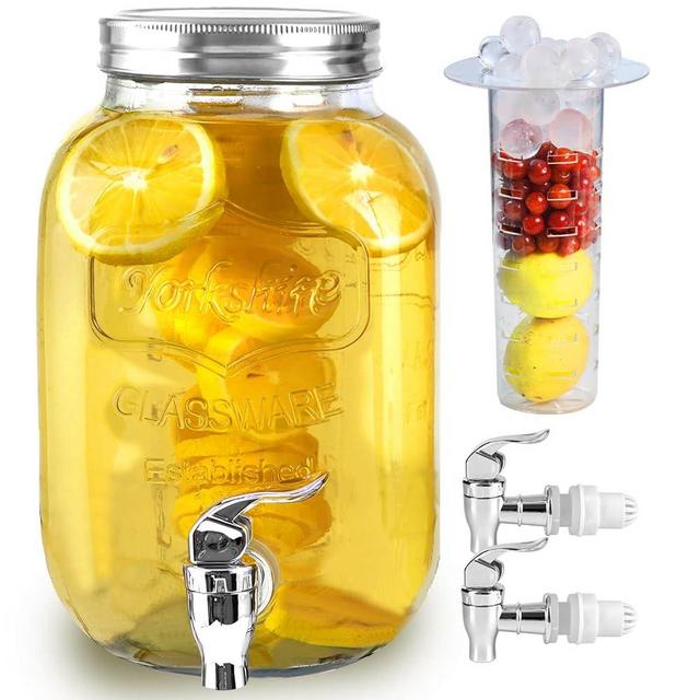 1 Gallon Glass Drink Dispensers for Parties, Large Beverage and Water Dispenser, Lemonade Dispenser, Sun Tea Glass Jar for Outside, With a Fruit Infuser, Two Spigots, Chalkboard and Lids