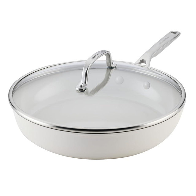 KitchenAid Hard Anodized Ceramic Induction Nonstick Cookware Frying Pan/Skillet with Lid, Dishwasher Safe, 12.25 Inch Non Stick Fry Pan with Stainless Steel Handle - Porcelain White