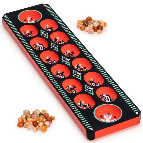 Mancala Set With Wooden Board and Quarts Pebble Playing Pieces, "Lacquer Black"