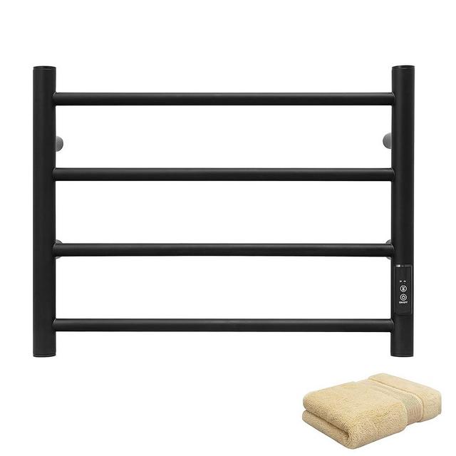 KEG Towel Warmer Wall Mounted with Built-in Timer 4 Bars Electric Stainless Steel Heated Towel Racks for Bathroom, Hot Plug-in Bath Towel Heater Matte Black